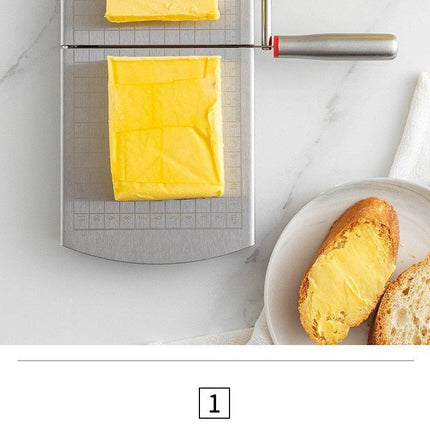 A stainless steel cheese slicer with scales-With scale.