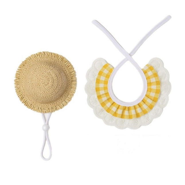 Straw Hat And Yellow Lace Bib.