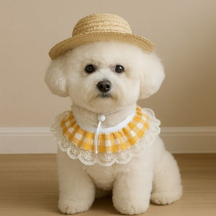 Straw Hat And Yellow Lace Bib.