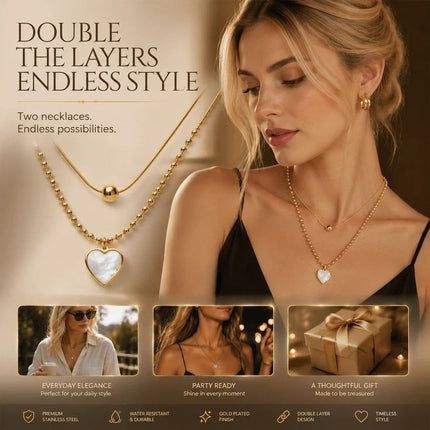 Classic Vintage Stackable Double Necklace, Simple Minimal Gold Plated Stainless Steel Wearable Accessory