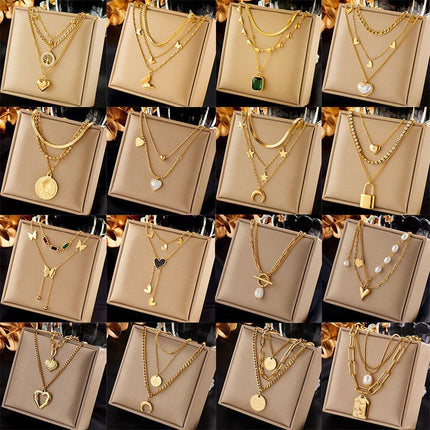 Classic Vintage Stackable Double Necklace, Simple Minimal Gold Plated Stainless Steel Wearable Accessory