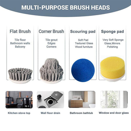 Cordless Electric cleaning brush spin scrubber with 4 replaceable heads for kitchen & bathroom.