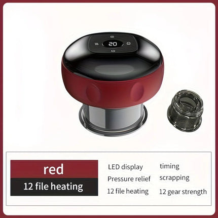 Red Smart Cupping Massager: Wireless & Portable/One-Button Pressure Release/12-Level Red Light Heat Therapy, Detachable & Easy to Clean, Full-Body Applicable for Circulation Boost, Revitalize Your Body and Mind at Home or On the Go.