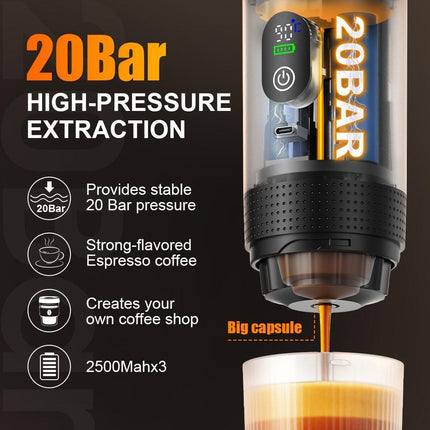 Portable 20Bar High - Pressure Extraction Coffee Machine, 80ml Stainless Steel Water Tank + Foldable Stand, Low - Battery Alert & Real - Time Temperature Control, Enjoy Barista - Quality Coffee on the Go, at Office or While Driving。black.