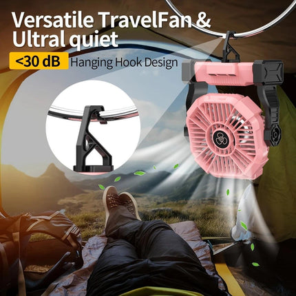 PINK 2-in-1 Portable Fan & Light, Quiet & Cool for Outdoor Use.