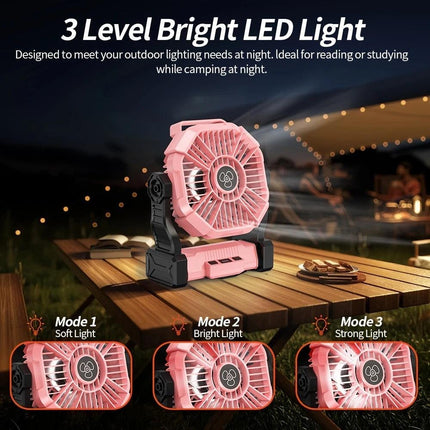 PINK 2-in-1 Portable Fan & Light, Quiet & Cool for Outdoor Use.