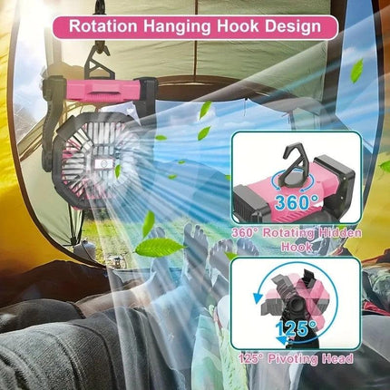 PINK 2-in-1 Portable Fan & Light, Quiet & Cool for Outdoor Use.
