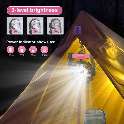 PINK 2-in-1 Portable Fan & Light, Quiet & Cool for Outdoor Use.