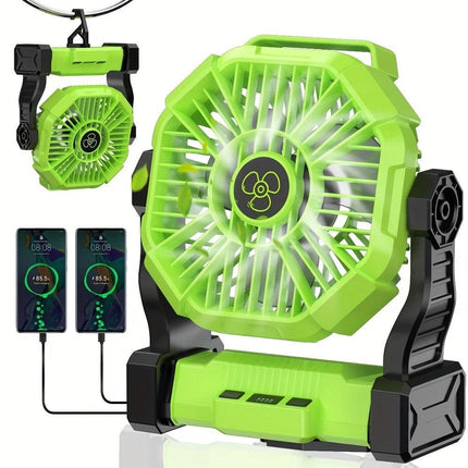 GREEN 2-in-1 Portable Fan & Light, Quiet & Cool for Outdoor Use.