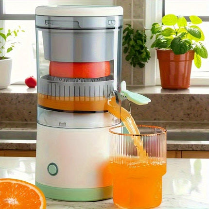 New portable USB juicer, powered by a rechargeable lithium battery, extracts juice from oranges, lemons, watermelons, grapes, and other juicy fruits with the press of a button, efficiently separating pulp residue—a versatile kitchen and travel helper..