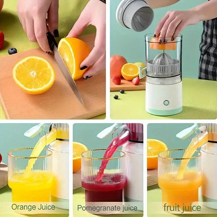 New portable USB juicer, powered by a rechargeable lithium battery, extracts juice from oranges, lemons, watermelons, grapes, and other juicy fruits with the press of a button, efficiently separating pulp residue—a versatile kitchen and travel helper..