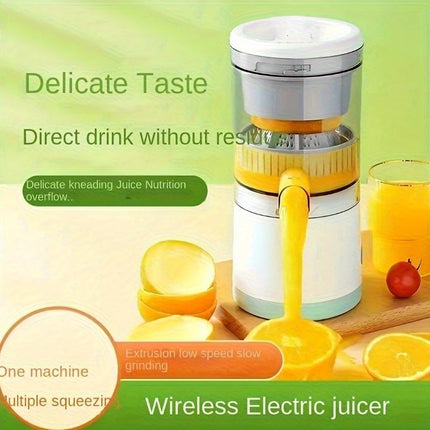 New portable USB juicer, powered by a rechargeable lithium battery, extracts juice from oranges, lemons, watermelons, grapes, and other juicy fruits with the press of a button, efficiently separating pulp residue—a versatile kitchen and travel helper..