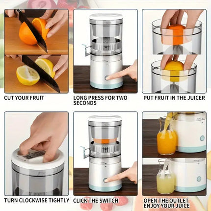 New portable USB juicer, powered by a rechargeable lithium battery, extracts juice from oranges, lemons, watermelons, grapes, and other juicy fruits with the press of a button, efficiently separating pulp residue—a versatile kitchen and travel helper..