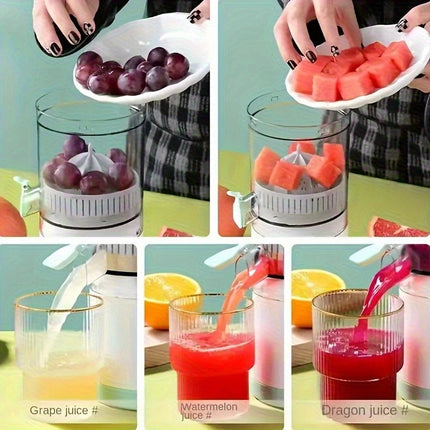 New portable USB juicer, powered by a rechargeable lithium battery, extracts juice from oranges, lemons, watermelons, grapes, and other juicy fruits with the press of a button, efficiently separating pulp residue—a versatile kitchen and travel helper..