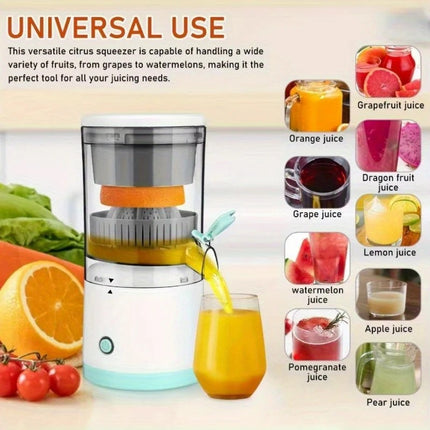 New portable USB juicer, powered by a rechargeable lithium battery, extracts juice from oranges, lemons, watermelons, grapes, and other juicy fruits with the press of a button, efficiently separating pulp residue—a versatile kitchen and travel helper..