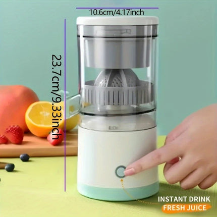 New portable USB juicer, powered by a rechargeable lithium battery, extracts juice from oranges, lemons, watermelons, grapes, and other juicy fruits with the press of a button, efficiently separating pulp residue—a versatile kitchen and travel helper..
