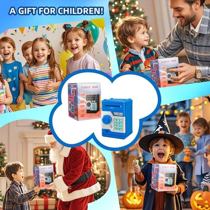 Children's Password Piggy Bank, Dual Lock,BLUE  Automatic Bill Intake, Develops Savings Habit, Multiple Colors Available, Battery Not Included.