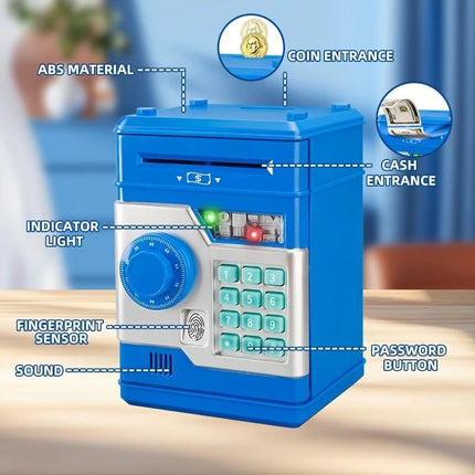 Children's Password Piggy Bank, Dual Lock,BLUE  Automatic Bill Intake, Develops Savings Habit, Multiple Colors Available, Battery Not Included.