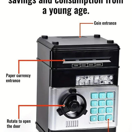 BLACK Children's Password Piggy Bank, Stores Coins & Paper Money, Auto Roll-Up, Sound & Light Interaction, Fosters Good Savings Habits. Battery Not Included.