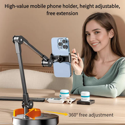 Robust and Adjustable Carbon Steel Phone Holder – Features a 360° Rotating Flexible Long Arm, Durable Carbon Steel Cantilever Base, Perfect for Watching TV Shows, Live Streaming, and Taking Selfies [Black].