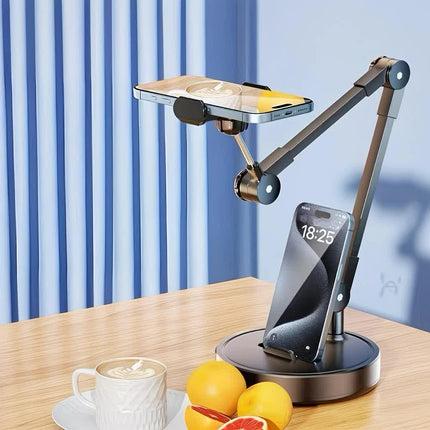 Robust and Adjustable Carbon Steel Phone Holder – Features a 360° Rotating Flexible Long Arm, Durable Carbon Steel Cantilever Base, Perfect for Watching TV Shows, Live Streaming, and Taking Selfies [Black].