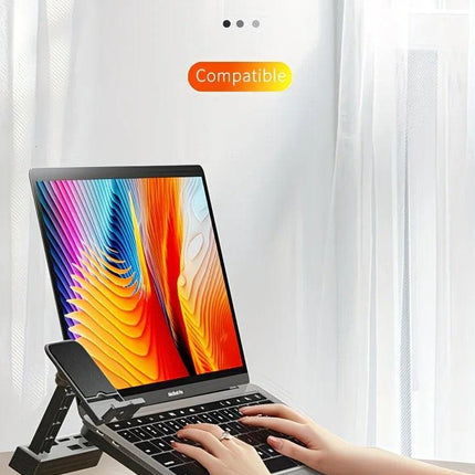Adjustable laptop stand, designed for 17.3-inch laptops, a portable stand that allows for height adjustment on the desk, and comes with a dedicated phone holder..