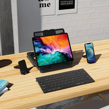 Adjustable laptop stand, designed for 17.3-inch laptops, a portable stand that allows for height adjustment on the desk, and comes with a dedicated phone holder..