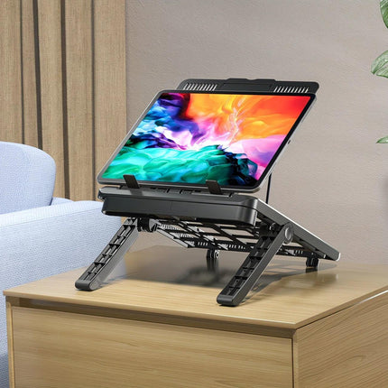 Adjustable laptop stand, designed for 17.3-inch laptops, a portable stand that allows for height adjustment on the desk, and comes with a dedicated phone holder..