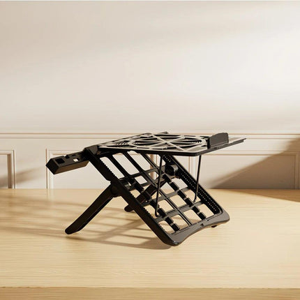 Adjustable laptop stand, designed for 17.3-inch laptops, a portable stand that allows for height adjustment on the desk, and comes with a dedicated phone holder..