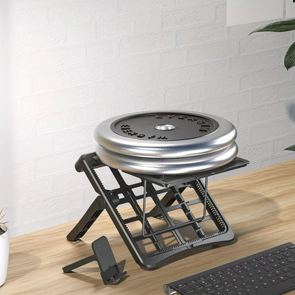 Adjustable laptop stand, designed for 17.3-inch laptops, a portable stand that allows for height adjustment on the desk, and comes with a dedicated phone holder..