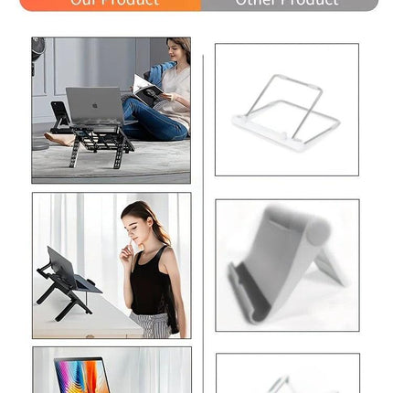 Adjustable laptop stand, designed for 17.3-inch laptops, a portable stand that allows for height adjustment on the desk, and comes with a dedicated phone holder..