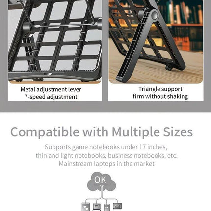 Adjustable laptop stand, designed for 17.3-inch laptops, a portable stand that allows for height adjustment on the desk, and comes with a dedicated phone holder..