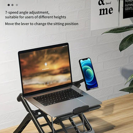Adjustable laptop stand, designed for 17.3-inch laptops, a portable stand that allows for height adjustment on the desk, and comes with a dedicated phone holder..