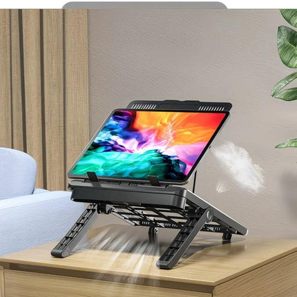 Adjustable laptop stand, designed for 17.3-inch laptops, a portable stand that allows for height adjustment on the desk, and comes with a dedicated phone holder..