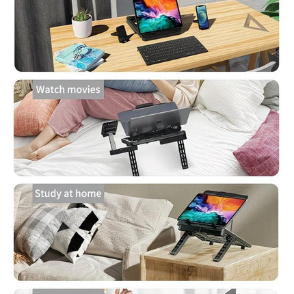 Adjustable laptop stand, designed for 17.3-inch laptops, a portable stand that allows for height adjustment on the desk, and comes with a dedicated phone holder..