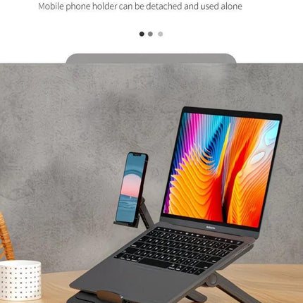 Adjustable laptop stand, designed for 17.3-inch laptops, a portable stand that allows for height adjustment on the desk, and comes with a dedicated phone holder..