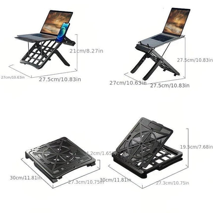 Adjustable laptop stand, designed for 17.3-inch laptops, a portable stand that allows for height adjustment on the desk, and comes with a dedicated phone holder..