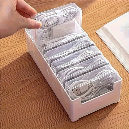 Transparent cable organizer, 7 small + 1 large combo design. Lightweight and durable, stores data cables and chargers, keeps desktop tidy. Ideal storage solution for both home and office..