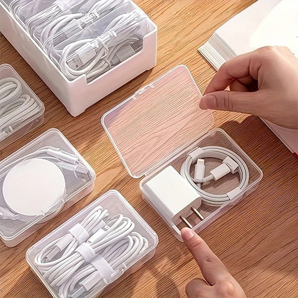 Transparent cable organizer, 7 small + 1 large combo design. Lightweight and durable, stores data cables and chargers, keeps desktop tidy. Ideal storage solution for both home and office..