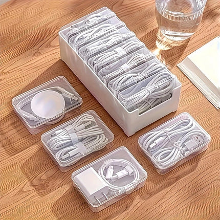 Transparent cable organizer, 7 small + 1 large combo design. Lightweight and durable, stores data cables and chargers, keeps desktop tidy. Ideal storage solution for both home and office..
