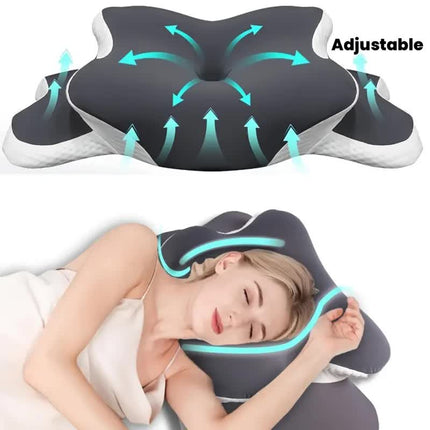 Dark grey  Ergonomic Memory Foam Butterfly Neck Pillow, C-shaped/Dual Height Adjustable, with Transparent Lid Support – for Side Sleeping, Back Sleeping, and Pillow-Assisted Sleep, Ideal for Travel and Bed Use.