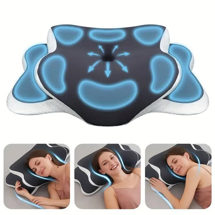 Dark grey  Ergonomic Memory Foam Butterfly Neck Pillow, C-shaped/Dual Height Adjustable, with Transparent Lid Support – for Side Sleeping, Back Sleeping, and Pillow-Assisted Sleep, Ideal for Travel and Bed Use.