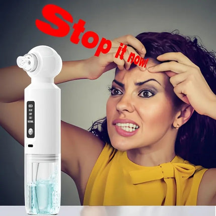 Six-head blackhead cleaner with electric vacuum suction for deep pore cleaning. USB-rechargeable mini bubble facial device features a 3-second long press to activate heating mode, maintaining a constant 46°C temperature..