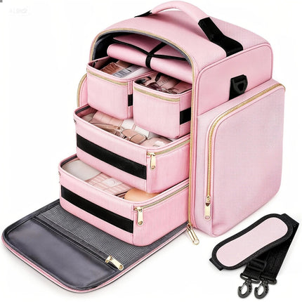 1pc Complete Travel Makeup Bag Set, Pink, Large Capacity Cosmetic Organizer with Detachable Pouch, Jewelry Storage Case.