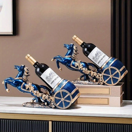 Freestanding Luxury Wine Rack, Stable Partitioned Storage, Hand-Carved "Success at First Attempt" Horse, Housewarming Gift.BLUE.