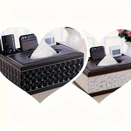 Black cat's eye Multi-Function Leather Tissue Box, Wooden Frame with Compartment Storage, Anti-Slip and Stable, Living Room and Office Desktop Organizer.