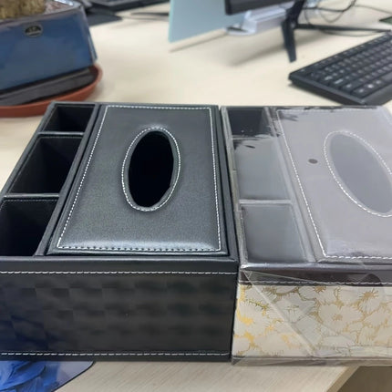 Black cat's eye Multi-Function Leather Tissue Box, Wooden Frame with Compartment Storage, Anti-Slip and Stable, Living Room and Office Desktop Organizer.
