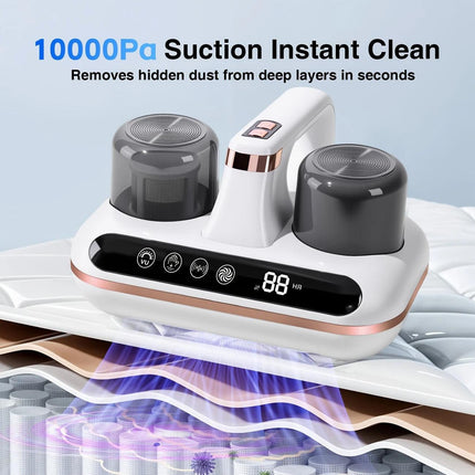 Wireless Intelligent Anti-Mite Cleaner: 10000Pa Super Suction, Dual Washable Dust Cups.