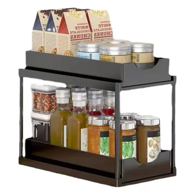 BLACK Two-tier pull-out storage rack. An organizational lifesaver for under the kitchen sink. Features adjustable shelves for easy storage of bottles and jars. In a sleek, modern design. Perfect as a kitchen shelf, bathroom organizer, or household storage.