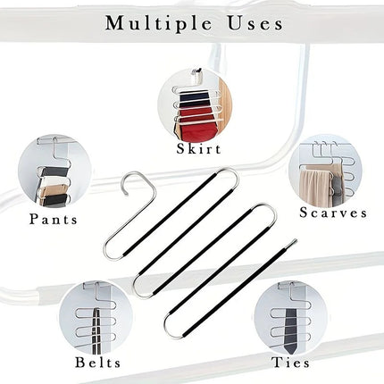 3 Pack Multi-Layer Stainless Steel Metal Pants Hangers, Bedroom Storage, S-Shaped Anti-Slip No-Mark, Space Saving, Closet Storage Rack, Pants Jeans Scarves Hanging, Black Version.